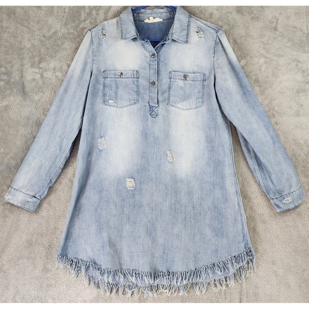En Creme Dress Womens‎ Small Blue Denim Distressed Ripped Fringed Causal Mini